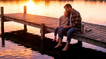 Fototapeta premium Father and Child Relax on Dock at Sunset Enjoying Peaceful Waterside Moment Together