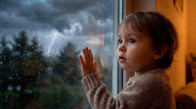 Young child behold a dramatic lightning storm through a rain-streaked window with wonder and awe