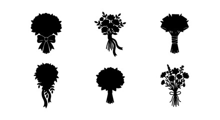 Black Silhouette Flower Bouquets, Elegant Floral Arrangements, Wedding Decor Elements, Vector Icons © ROKON