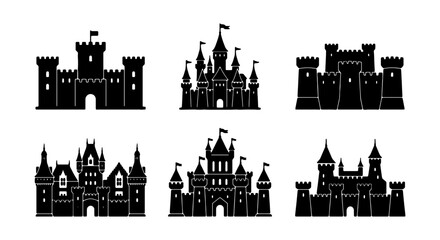 Obraz premium Castle Icons Set, Medieval Fortress Vector Graphics, Fairytale Palace Silhouettes, Royal Architecture Collection