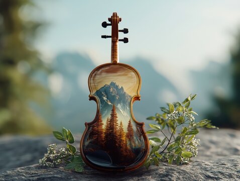 Elegant wooden violin featuring a beautiful artistic mountain landscape painting on its smooth varnished front surface body