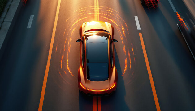 Top view of an autonomous car driving on a road. The vehicle uses sensors for navigation and safety. Orange light rings indicate detection zones around the car.