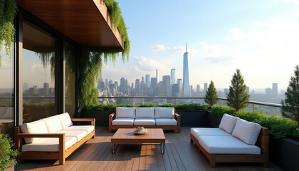 Obraz premium Modern rooftop terrace with city skyline view. Outdoor lounge area with wooden furniture and green plants. Luxury apartment balcony offers comfortable seating and relaxation space.