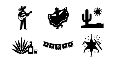 Fototapeta premium Mexican Fiesta Icons: Mariachi, Dancer, Desert, Agave, Banner, Piñata