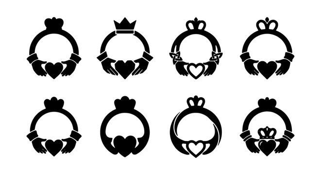 Claddagh Ring Icons Set, Irish Love Symbol Vector Graphics, Heart Hands Crown Emblems