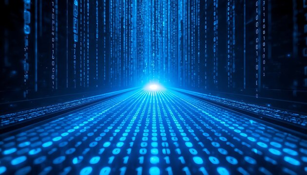 A futuristic digital scene featuring a glowing blue pathway made of binary code stretching into the distance toward a bright light source, with vertical streams of binary digits descending from above
