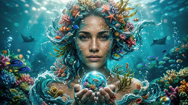 Woman mermaid holding glowing glass orb with sea turtle in underwater world. Surreal ocean fantasy concept for World Ocean Day. Environmental conservation and marine life protection art.