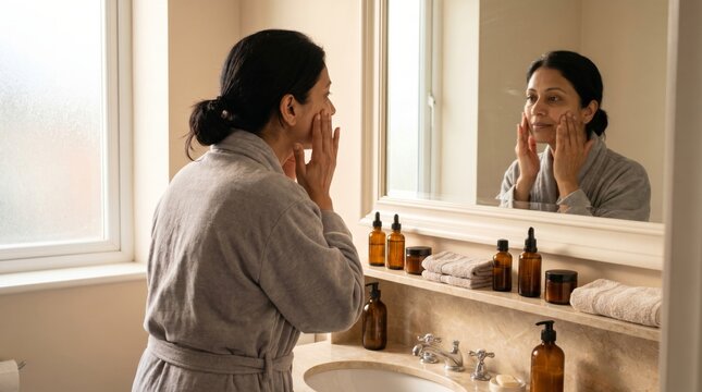 Woman examining skin in bathroom mirror during morning skincare routine