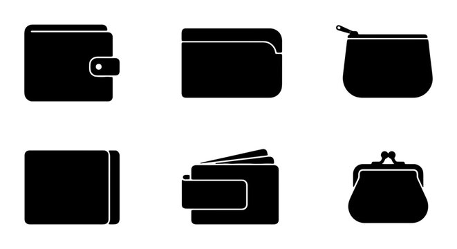 Black Wallet Icons Set, Money Pouch Vector Graphics, Coin Purse Collection