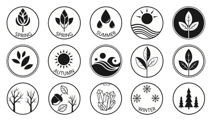 Black and white minimalist circular icons depicting various natural elements and symbols for the four seasons: Spring, Summer, Autumn, and Winter. © Sofia