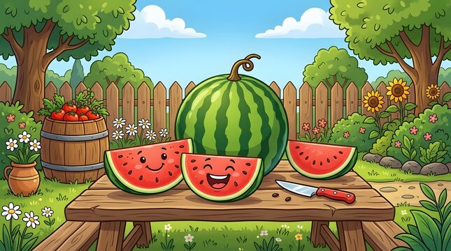 Fresh sliced watermelon on rustic wooden table in sunny garden with fruit harvest background