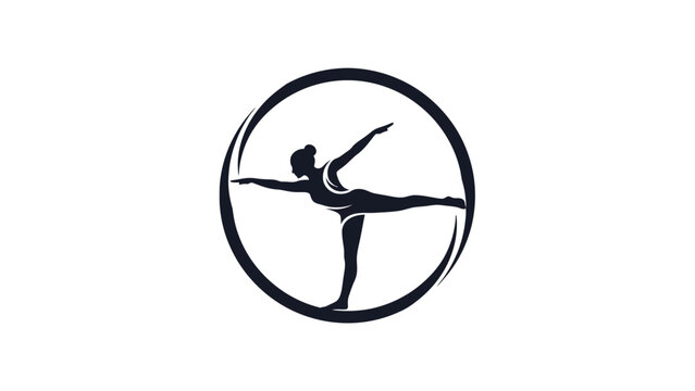 A black and white silhouette logo of a person performing a yoga pose, symbolizing balance, health, and wellness within a circular design.