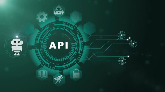 API Technology Interface with Smart Data Integration and Digital Enterprise Connectivity on Dark Background 4k animation video