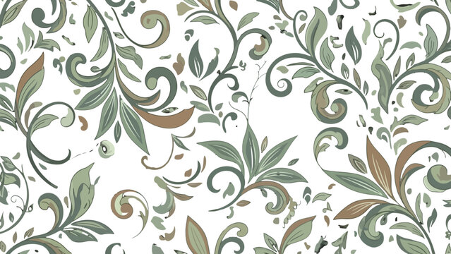 Elegant seamless pattern featuring intricate green and brown leafy vines and floral scrollwork on a clean white background, perfect for decorative designs.