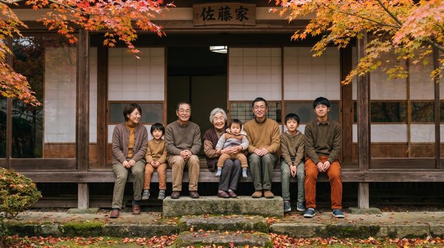 Multi generational Asian family sitting together on traditional house porch during autumn