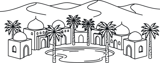 Black and white line drawing of a desert oasis with palm trees and buildings © Sakib