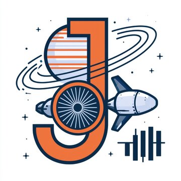 Letter J is represented by Jupiter, a jet engine cross-section, and a joule energy symbol, designed in flat style.
