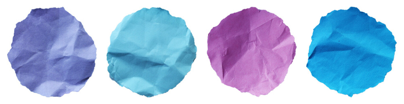 Creative collection of dark blue, light blue, lavender, and purple crumpled paper circles. Textured round elements for graphic design and collages.