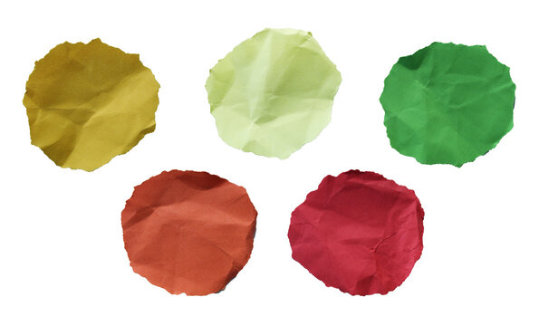 Creative set of five crumpled paper circles in yellow, dark green, light green, orange, and red. Vibrant textured round shapes for graphic design.