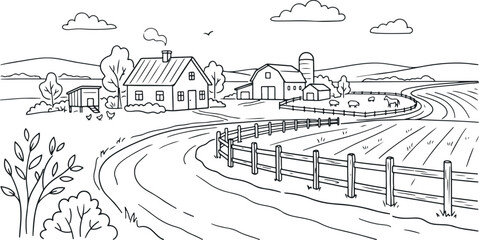 A black and white line drawing of a farm © Sakib
