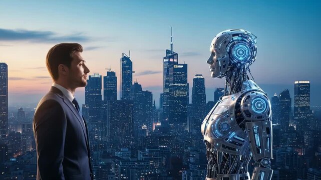 Businessman and futuristic robot facing each other in cityscape