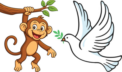 Cartoon monkey hanging from tree smiling at flying dove carrying green branch creating playful abstract symbolic peace and harmony design © Sawera