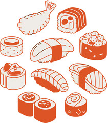 Japanese Sushi and Maki Roll Icon Set with Nigiri, Temaki, and Salmon Hand Drawn Outline Style Collection © MDPappu