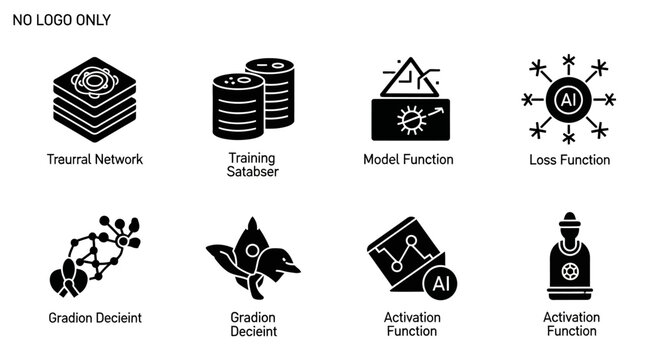 Artificial Intelligence Machine Learning Icons Set: Neural Network, Data, Model, Loss, Gradient, Activation