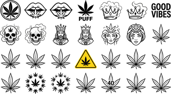 Cannabis Marijuana Leaf and Smoke Culture Icons Set Black White Tattoo Style Good Vibes Vector Illustration Collection