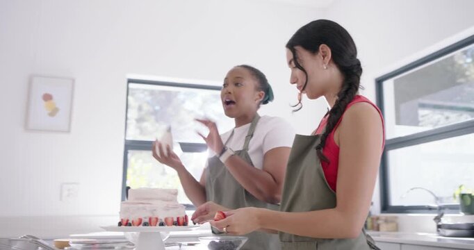Diverse female bakers being filmed by phone using piping bag decorating cake with berries for demo