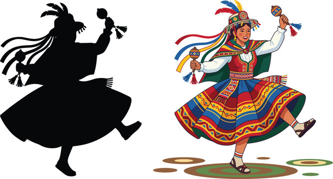 Traditional South American woman dancing in colorful ethnic Andean clothing holding maracas featuring indigenous cultural dress silhouette and vibrant celebrations.
