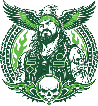 Biker Man Eagle Skull Green illustration