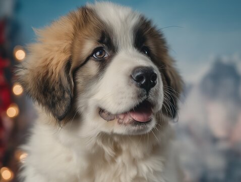 Adorable saint bernard puppy looking upward with a sweet expression and soft fur against a blurred background