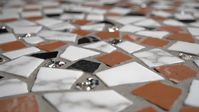 Closeup of a mosaic surface with diamondshaped tiles.
