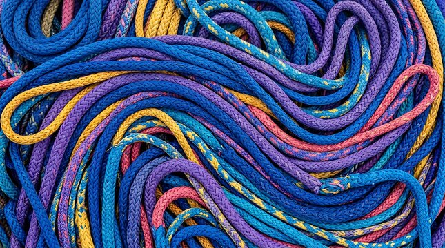 Vibrant multicolored ropes are tangled together in a chaotic artistic arrangement