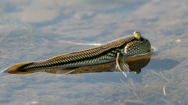 Mudskipper fish resting in shallow water