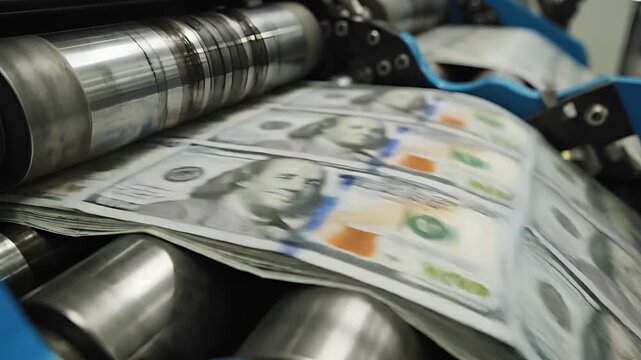 Closeup of hundred dollar bills being printed on a money printing machine.