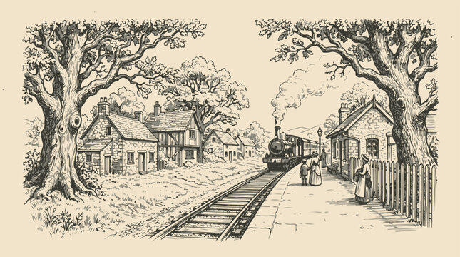 Vintage train station scene with steam engine and passengers waiting on platform
