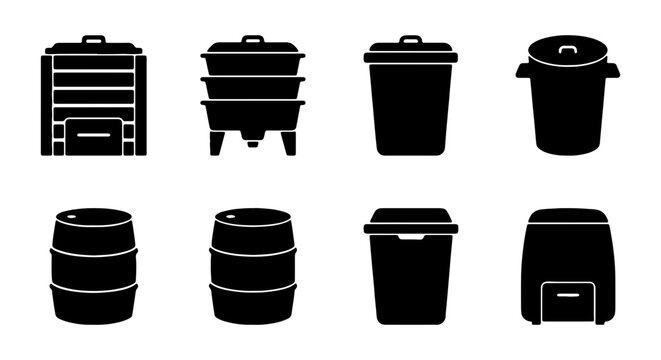 Collection of Black Silhouettes: Bins, Barrels, and Composters for Waste Management