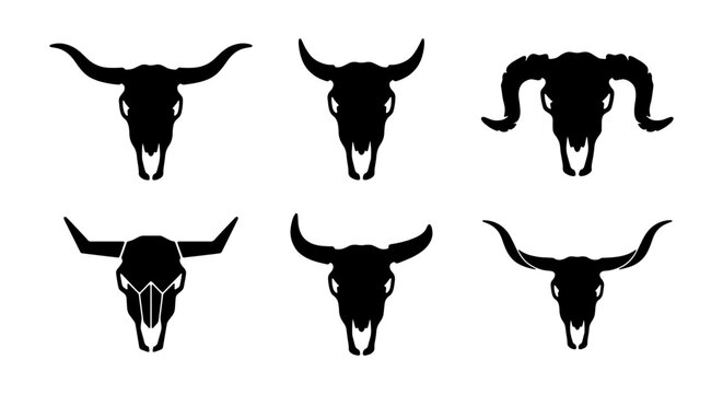 Set of Six Bull Skull Silhouettes, Western Animal Icons, Tribal Vector Graphics