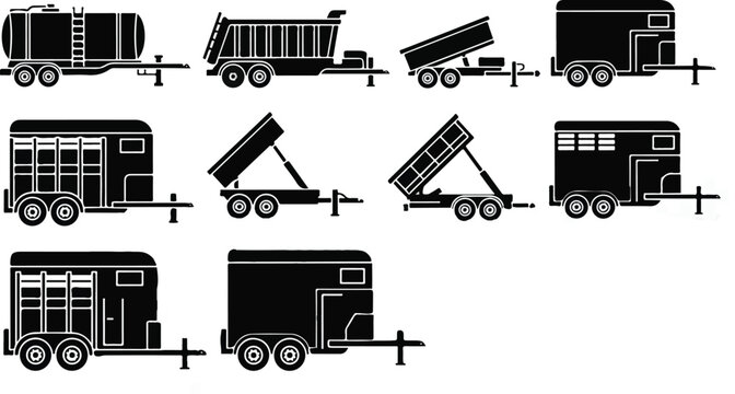 A collection of black and white silhouette vector icons displaying heavy-duty industrial trailers, including hydraulic dump, tanker, and livestock transport models.