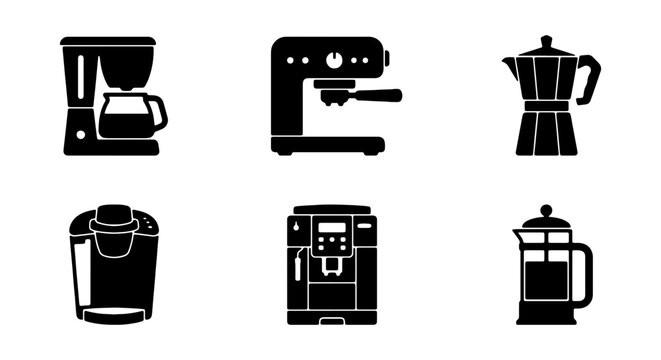 Coffee Maker Icons Set: Espresso Machine, Drip, French Press, Moka Pot, Grinder