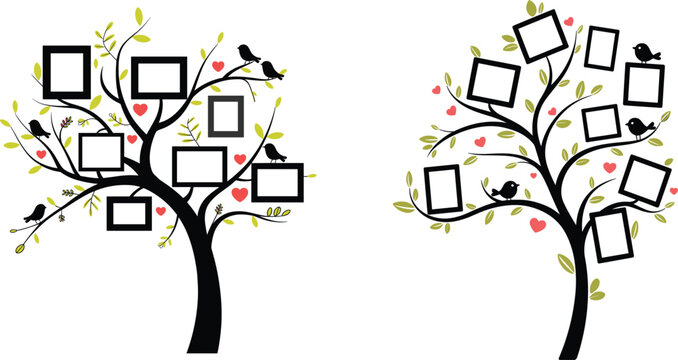 Decorative Family Tree Template with Photo Frames Birds and Hearts