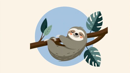 Fototapeta premium Cartoon sloth on a tree. This animal icon is in a simple, flat style, perfect for websites, ads, or stickers.