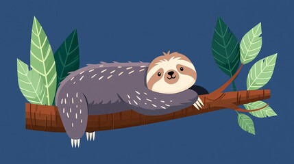 Fototapeta premium Cartoon sloth on a tree. This animal icon is in a simple, flat style, perfect for websites, ads, or stickers.