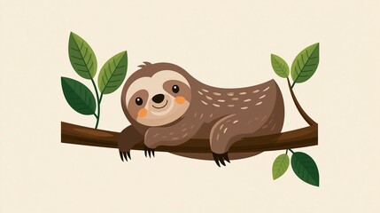 Fototapeta premium Cartoon sloth on a tree. This animal icon is in a simple, flat style, perfect for websites, ads, or stickers.