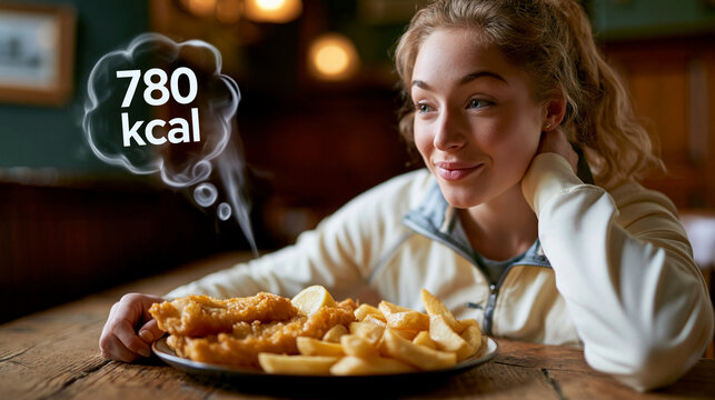 Eine junge Frau l&auml;chelt vor einem Teller mit Pommes frites und frittierten Speisen, w&auml;hrend eine Gedankenblase &bdquo;780 kcal" zeigt.