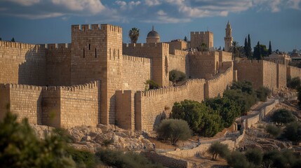 Naklejka premium Jerusalem’s fully restored walls rise proudly around the renewed city as workers and leaders stand united beside Nehemiah beneath bright daylight, celebrating faith, endurance, and national restoratio