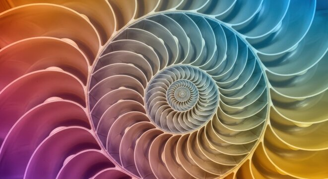 A stunning seamless repeating pattern featuring the intricate golden ratio spiral found in the elegant chambered nautilus shell, wrapping paper, symmetry, design