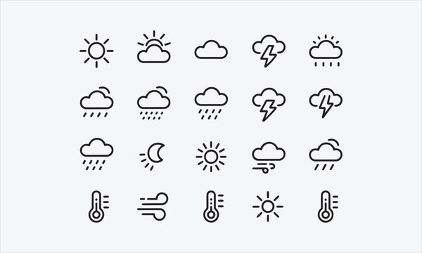 A set of vector weather line art icons with editable lines (not outlined). vector illustration